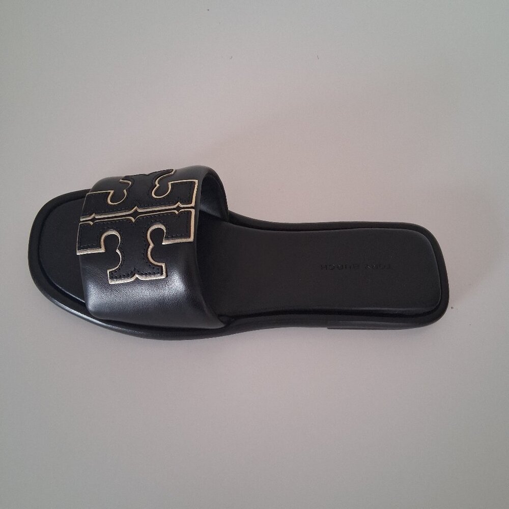 Tory Burch Double T Sport Slide Sandals Size 5.5 Perfect Black /Gold - Picture 4 of 9